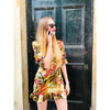 ruffle hem and cuff mini dress in lime tropical print